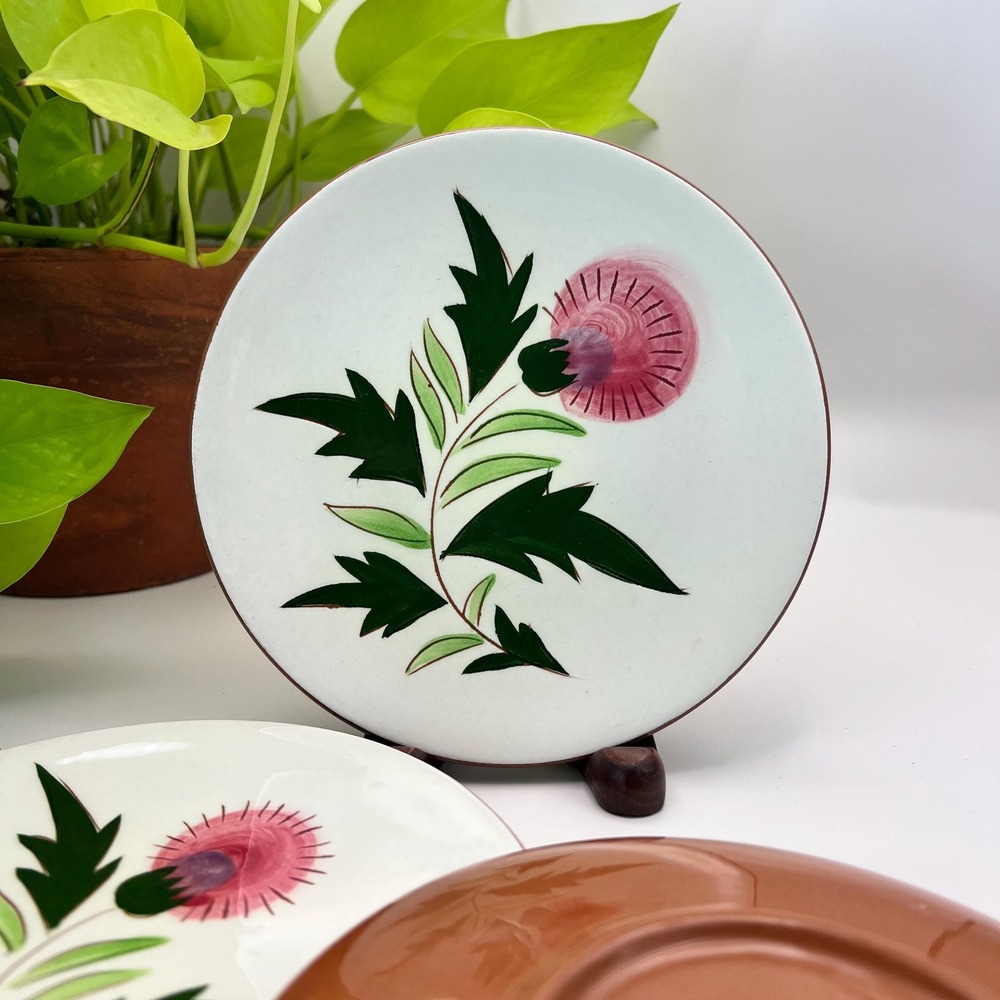 Vintage Stangl Pottery Thistle Plates Set of 3 Pink Green Floral NJ 1940s